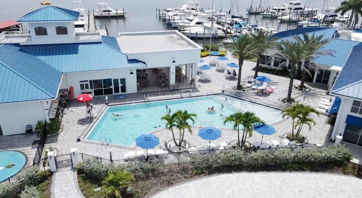 Aerial view of the Marina Club commercial pool and waterfront amenity environment